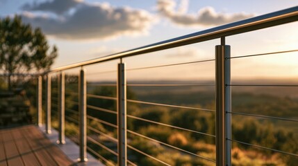 Fototapeta premium Modern Steel Cable Balcony Railing Low Angle Late Afternoon