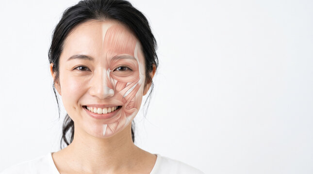 表情筋の構造が見える笑顔の女性の顔（美容・解剖図・エクササイズイメージ）