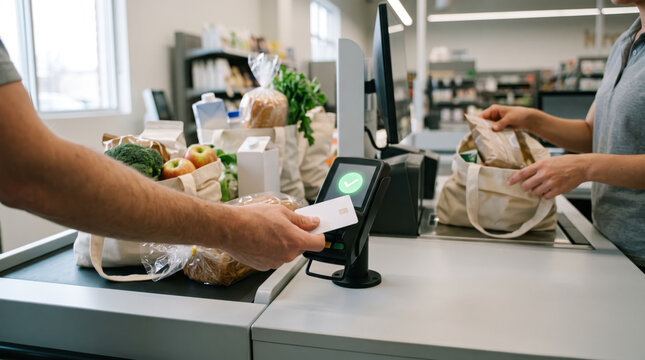 Close up of customer tapping credit card on terminal POS for contactless payment at supermarket checkout counter. Modern cashless transaction technology concept.