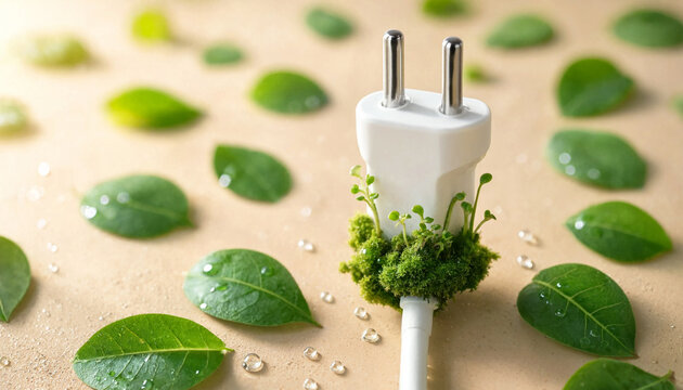 Green energy concept with electric plug and fresh leaves on beige background.