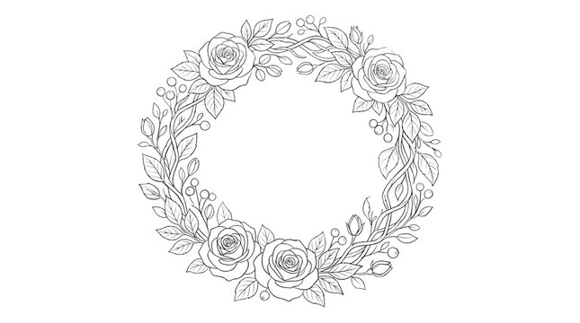 Vintage floral wreath line art, elegant rose flower frame sketch, botanical circular border for wedding invitations and stationery
