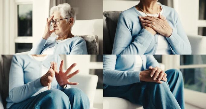 Pain, old woman and hands in home with montage, headache and discomfort in joint movement. Fatigue, tendinitis and senior person with migraine, aging health and chest condition in retirement.