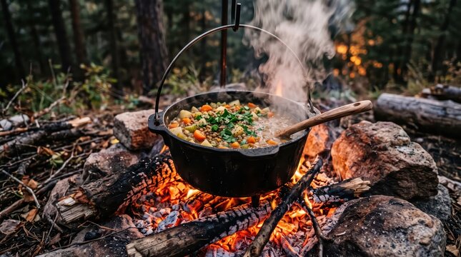 Hearty vegetable soup cooking in hanging cast iron pot over open campfire in wooded campsite with steam rising and wooden spoon resting on rim