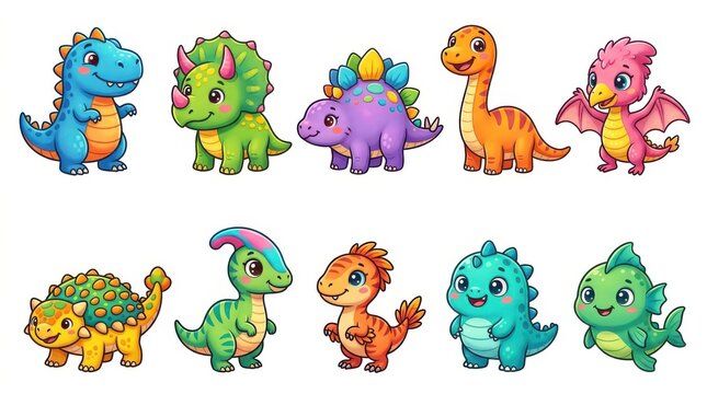 Colorful cartoon dinosaurs and fantasy creatures collection