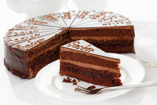 Sacher cake slice in plate