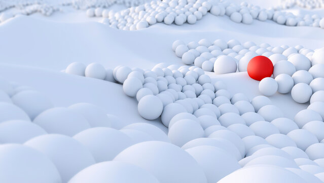 Red ball among big group of white spheres