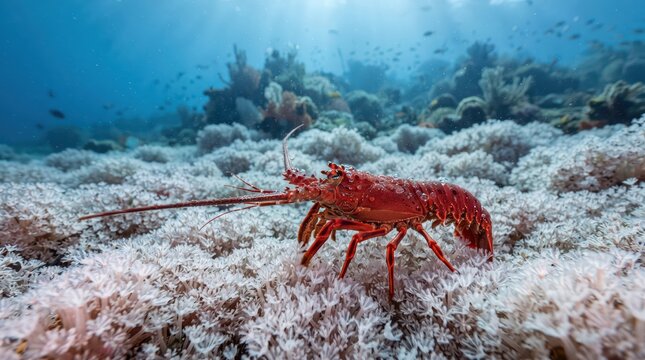 Red lobster walking across white soft coral seabed under diffuse sunlight in clear blue water shallow reef environment benthic foraging scene