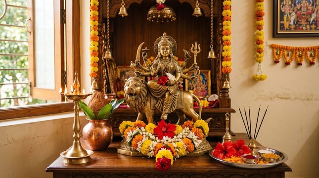 Polished brass Durga idol on a home altar decorated with layers of yellow and saffron jasmine flower garlands for Masik Ashtami festival worship.