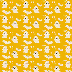 Fototapeta premium Halloween Seamless Pattern with Cute Spooky Elements, Pumpkins, Ghosts and Bats