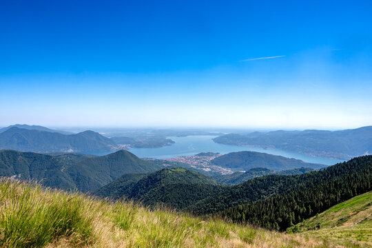 Scenic view of Lake Maggiore and mountains from Alpe Pala in Italy