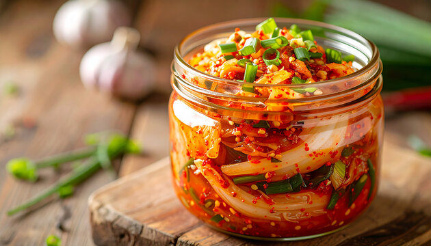 Homemade fermented kimchi in glass jar, crisp napa cabbage in vivid red chili seasoning with fresh garlic and green spring onions, rustic wooden surface, appetizing culinary. Tasty food.