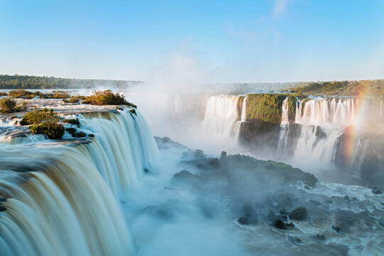 South America, Argentina, Brazil, Parana, Iguazu National Park, Iguazu Falls and rainbow
