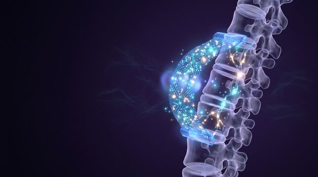 Digital human spine with glowing bio-electronic neural interface and medical data nodes