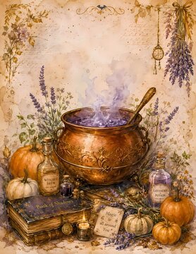 A rustic still life arrangement featuring a steaming cauldron surrounded by pumpkins, potions, an old book, and dried herbs. This image evokes a sense of mystical magic and autumnal harvest.
