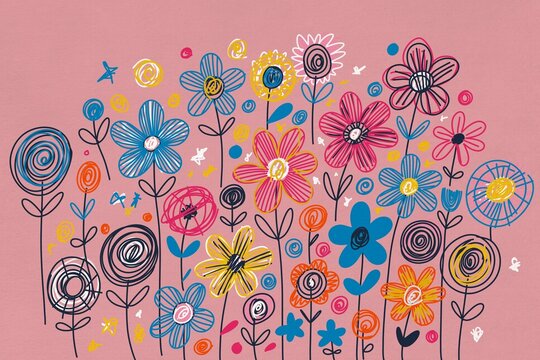 Colorful childlike doodle illustration of an abstract flower garden