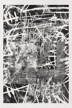 Black and white chaotic abstract mixed media art with scribbles