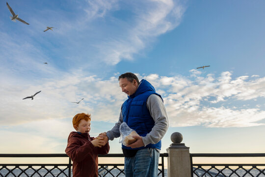Father and son feed seagulls on the beach promenade