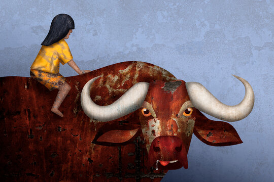 A character rides a rusty buffalo in a digital collage