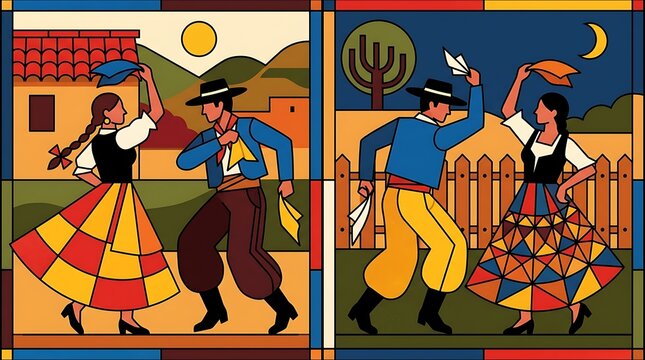 Chilean folk dancers performing cueca in mosaic art style