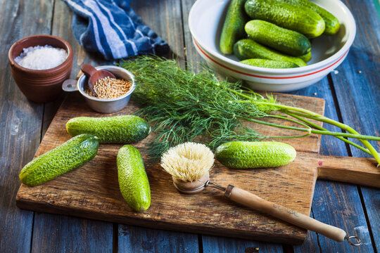 Gherkins fermenting, gherkins, dill, salt and mustard grains