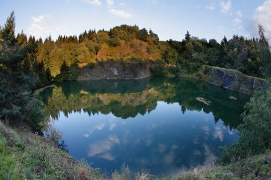 Germany, Bavaria, Franconia, Lower Franconia, Rhoen, View of basalt lake near riedenberg