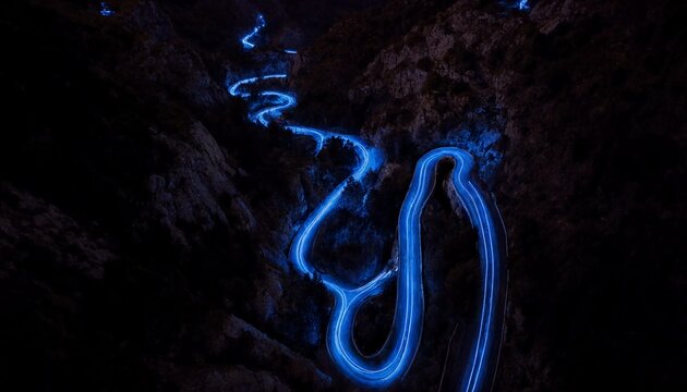 Blue Bioluminescent Glow Worms Illuminating a Dark Cave
