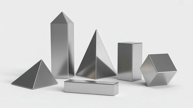 Silver Metallic Geometric 3D Shapes Collection Isolated on White Background