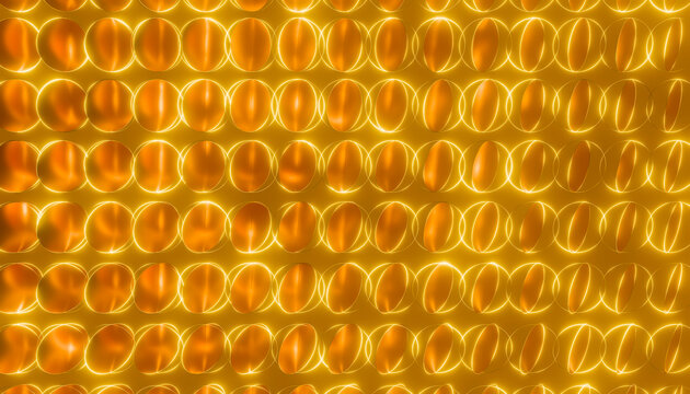 Glowing golden circles form a dynamic abstract repeating pattern