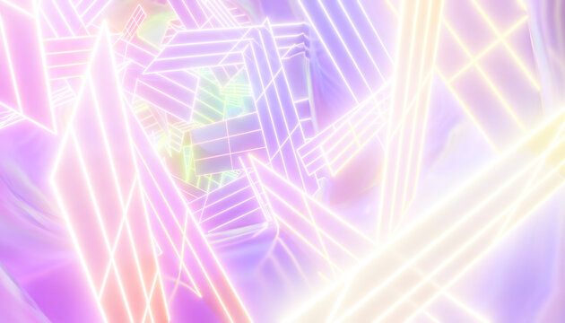 Abstract glowing pastel geometric tunnel with neon lines