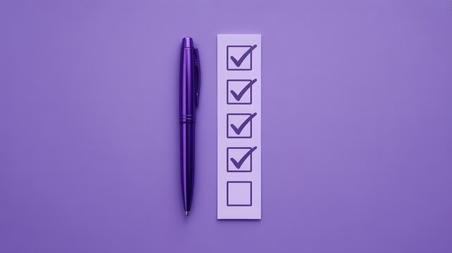 Purple pen on a purple background next to a checklist with checkmarks