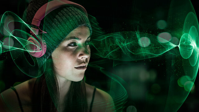 Portrait of young woman with headphones at night, 3D Rendering