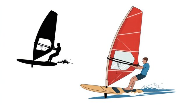 Man windsurfing on a sunny day, with a black silhouette of a windsurfer in the background