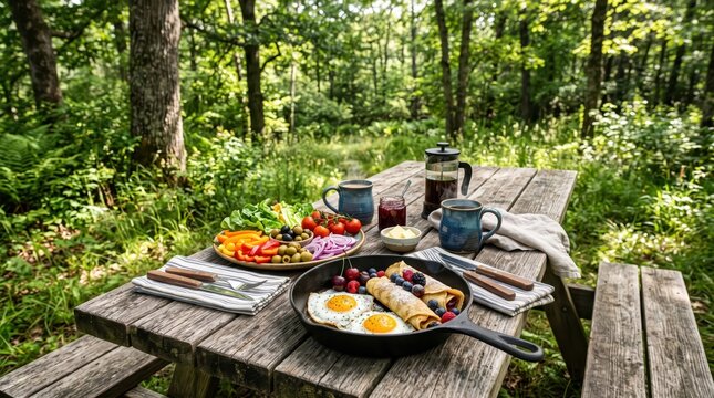 Picnic breakfast setup on rustic wooden table in green forest clearing with skillet eggs, crepes, fresh fruit, coffee and picnicware creating relaxed outdoor morning meal scene