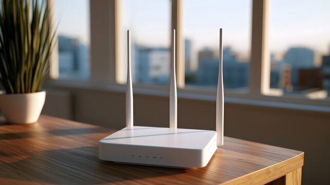 A white wireless router with three antennas sits on a wooden table near a window overlooking a cityscape during daylight