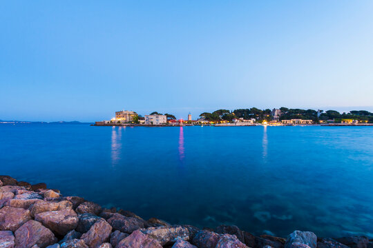 France, Provence-Alpes-Cote d'Azur, Department Var, near Bandol, Ile de Bendor, Privat island of Paul Ricard in the evening