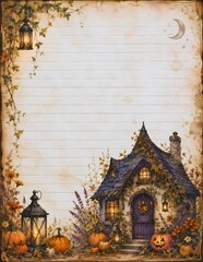 Fototapeta premium A vintage-style stationery with a whimsical Halloween theme, featuring a cozy cottage, pumpkins, lanterns, and autumn foliage, perfect for seasonal correspondence.