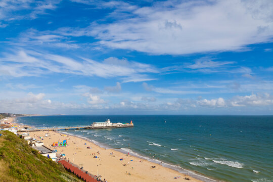 The wide view shows Bournemouth Pier and the beach on a sunny day