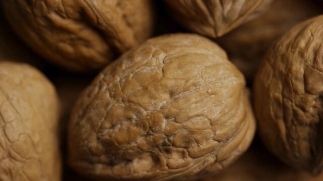Extreme close up of textured brown walnut shells pile
