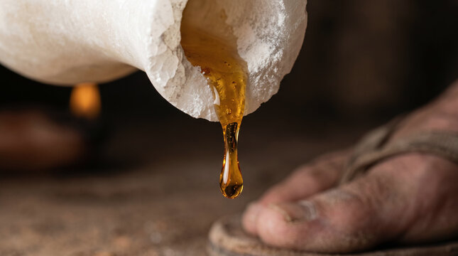 Mary of Bethany breaking an alabaster flask to pour incredibly expensive, fragrant pure nard over the feet of Jesus