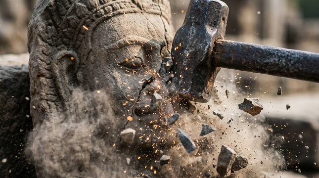 Young King Josiah violently tearing down pagan altars and smashing the idols of Baal into dust to purify the land