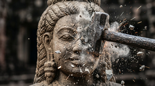 Young King Josiah violently tearing down pagan altars and smashing the idols of Baal into dust to purify the land