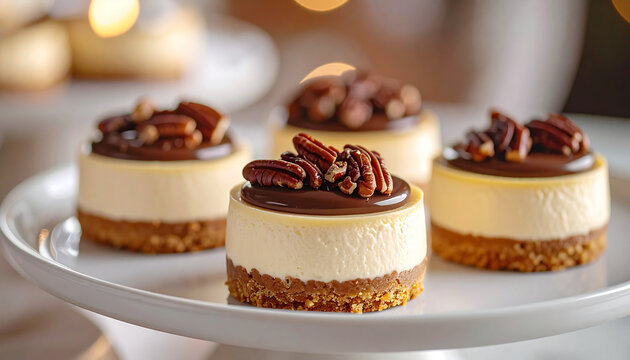 Elegant individual mini cheesecakes, silky creamy filling topped with decadent chocolate and toasted pecans, golden biscuit crusts, premium bakery, tasty sweet food. Close-up.
