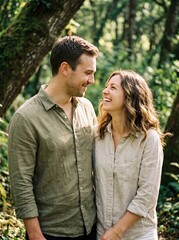 Fototapeta premium Happy couple walking arm in arm through a sunlit green forest path, laughing together during a romantic nature walk.