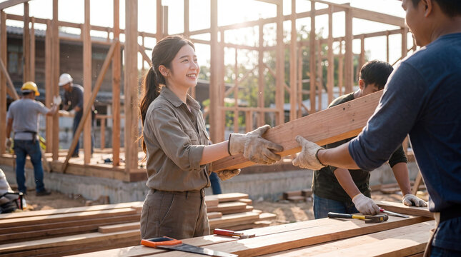 Young woman helping builders carry wood on construction site