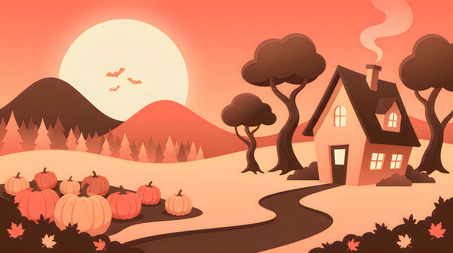 Autumn harvest halloween house illustration with pumpkins