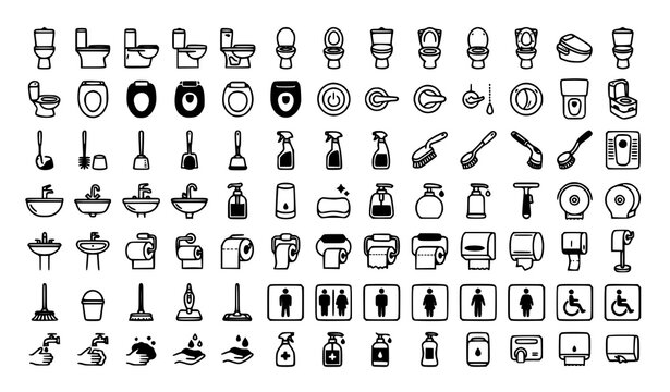Toilet Bathroom Cleaning Restroom Sanitary Equipment Black Line Vector Icon Set