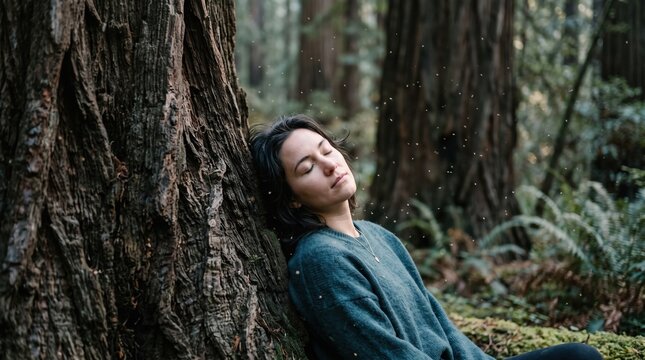 Woman with closed eyes resting against a giant redwood tree trunk, breathing calmly in a peaceful forest.