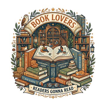 Whimsical library illustration for book lovers with books and cats