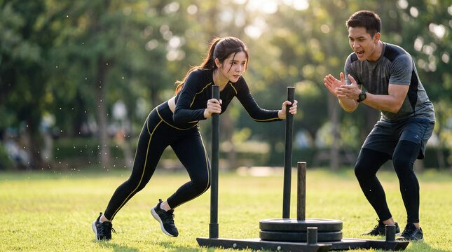 Young woman pushing sled on grass with man coaching outdoors