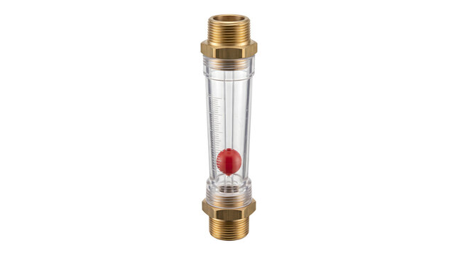 Variable area flowmeter with clear tube and red float measures liquid velocity levels.
